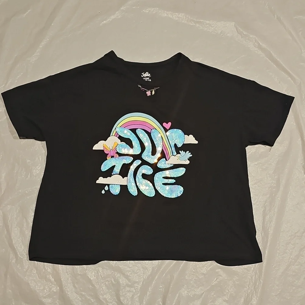 Justice Girls XL Plus 16P/18P Blk Cropped Graphic Tee w/Sequins, Charms, Glitter